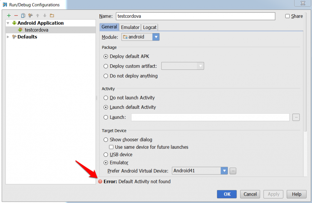 IntelliJ Idea – Cordova – Default Activity not found! – solution